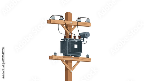 Transformer on a wooden utility pole.