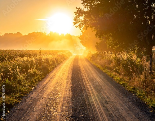 Dusty rural road leads toward a bright sunrise