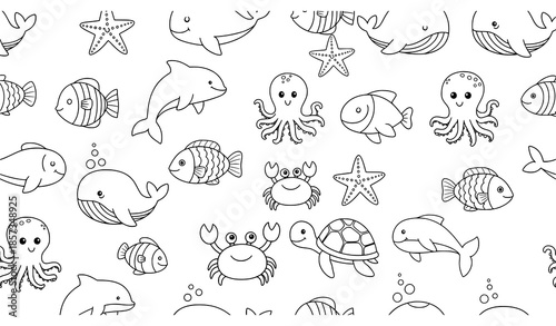 Cute sea animal doodle outline seamless pattern vector for coloring books and kids projects