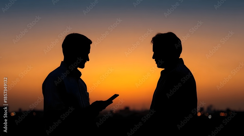 Obraz premium Two silhouetted men exchange information via a mobile phone against a vivid sunset sky representing modern digital communication