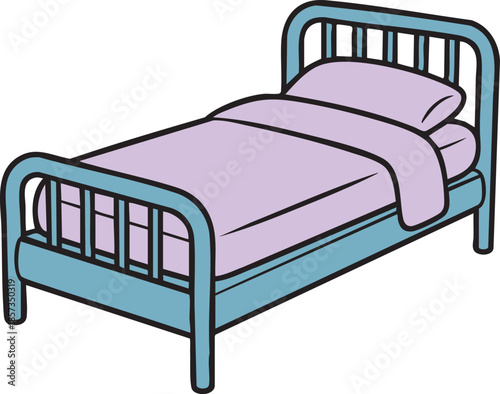 Flat Cartoon Illustration of Wooden Bed with Pillow and Blanket