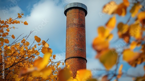 A towering industrial factory, its brick exterior stained with the hues of rust and grime, stood silhouetted against a canvas of vibrant green trees and a cerulean sky, a stark testament to 