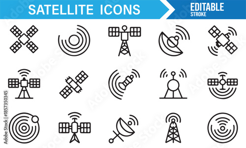Modern satellite communication and connectivity line icons