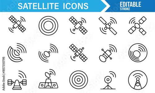 Satellite antenna and global connectivity line icons