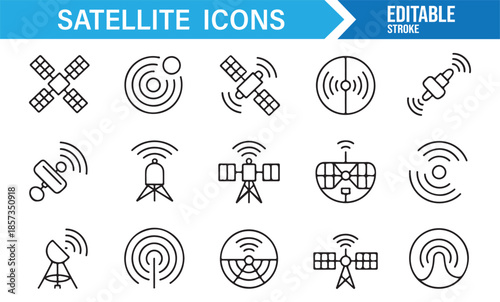 Satellite communication and signal transmission line icons set