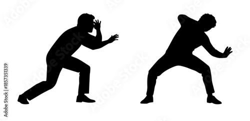 Man silhouettes in cautious and defensive poses, scared male characters dodging or sneaking
