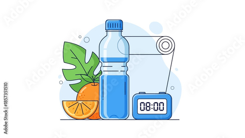 Hydration and Healthy Living with Water Bottle and Fresh Orange.