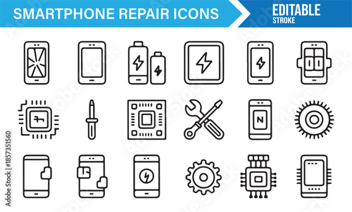 Smartphone service and repair technology line icons
