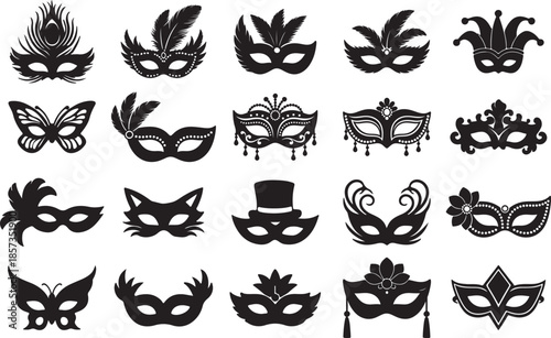 Mardi Gras carnival masquerade mask set black silhouette vector collection