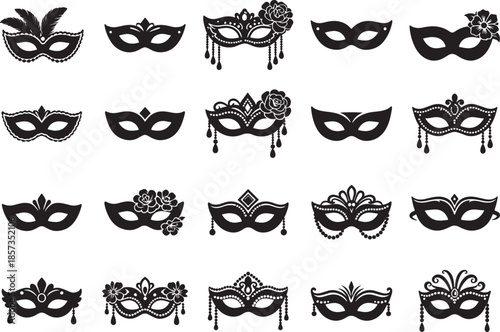 Mardi Gras carnival masquerade mask set black silhouette vector collection