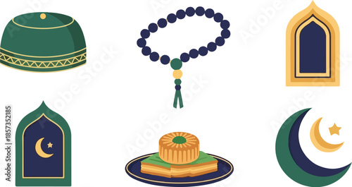 Flat lay of various Islamic icons and symbols including a prayer cap, rosary beads, a mosque arch, a crescent moon, and a traditional dessert on a plate against a clean white background.