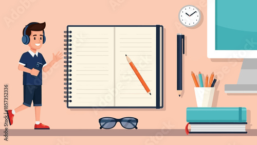 Young student studying at a tidy desk with notebook.