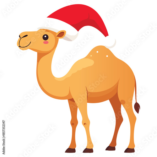 A cute baby camel character icon illustration in flat vector design style, an adorable Arabian animal mascot celebrating the winter holidays, cheerfully wearing a bright red Santa Claus Christmas