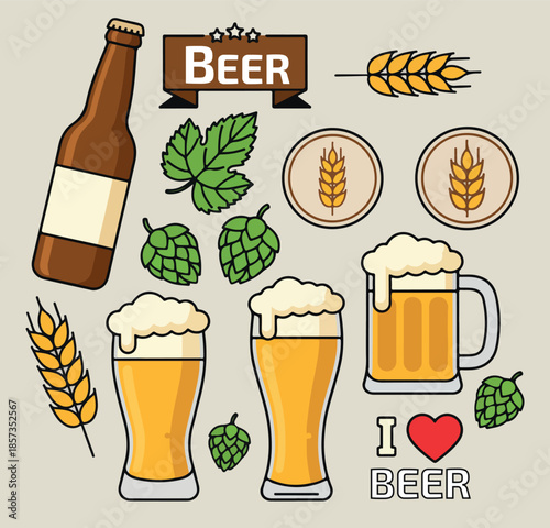 Beer Brewing Icon Set – Craft Beer, Hops, Wheat, Bottle and Glass Flat Illustration