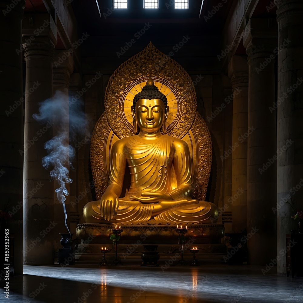 Fototapeta premium Golden Buddha Statue in Meditation - Serene Enlightenment and Spiritual Symbolism.