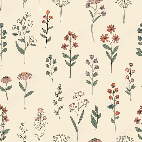 Floral seamless pattern. Repeating graphic element for printing on gift wrapping. Spring and summer season, floristry and botany, plants. Poster or banner for website. Cartoon flat vector illustration