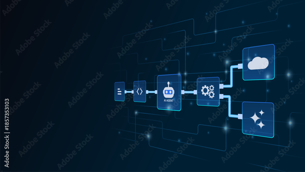 Fototapeta premium AI workflow automation artificial intelligence. ai agent network diagram connecting cloud, code nodes and automation system.