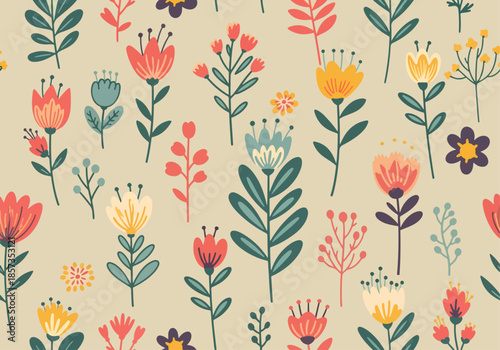 coquette seamless pastel flowers pattern. Delicate petals and vibrant blossoms create an artistic and vintage botanical illustration. Perfect for wallpaper, fabric, wrapping paper and more.