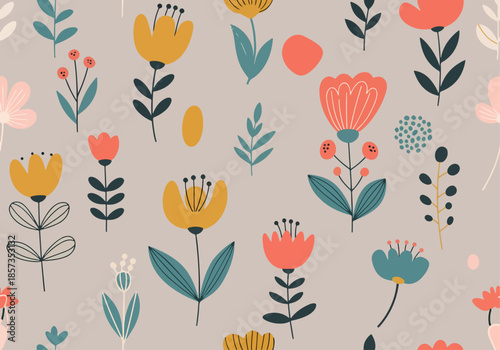 Hand painted brush strokes forming loose florals as a maximalist botanical pattern in colors of off white, peach and green on red. Seamless vector pattern. Great for home decor, fabric, wallpaper, etc