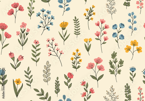 Seamless floral pattern, liberty ditsy print in cute girly style. Delicate botanical fabric, textile design of small hand drawn flowers, tiny leaves, simple pastel bouquets. Vector illustration.