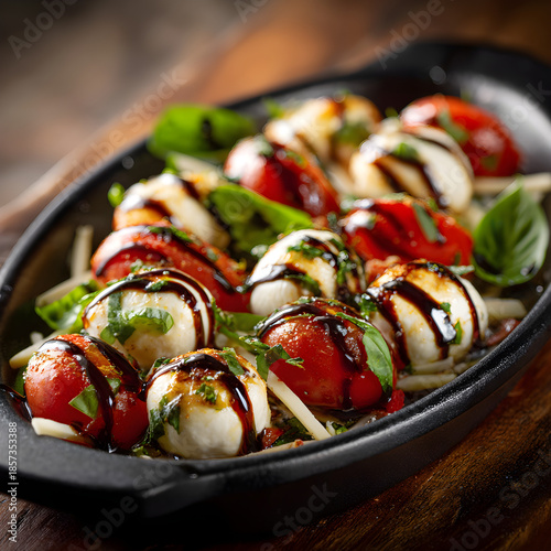 Caprese Salad with Mozzarella Balls, Cherry Tomatoes, Basil and Balsamic Glaze