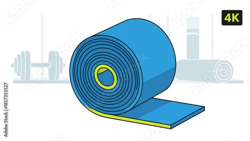 Blue Rolled Yoga Mat With Exercise Mat In Gym.