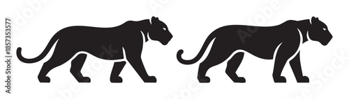 Black panther silhouettes are walking, presented as a stylized vector graphic illustration, symbolizing power, agility, and the wild animal kingdom.