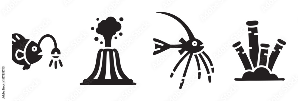 Naklejka premium Deep sea creatures and geological features are depicted in a collection of simple black silhouette icons representing marine life and underwater environments.