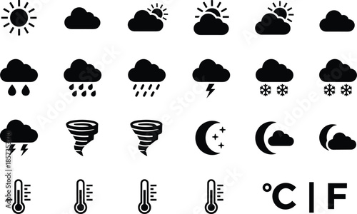 Complete Weather Icon Set Featuring Black Silhouettes of Sun Clouds Rain Thunderstorms Snow Tornadoes Moon Phases and Temperature Thermometer Symbols Vector