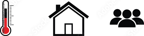 Minimalist Lifestyle Icon Set Featuring Vertical Medical Thermometer with Red Mercury Level House Outline and Three Person People Group Silhouette Vector