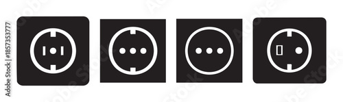 Electrical power sockets icons collection showing different outlet designs for connecting electronic devices and appliances safely and efficiently.