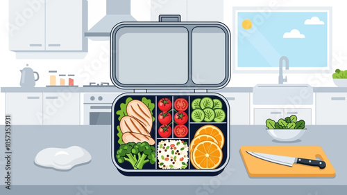 Open Lunchbox in Modern Kitchen Showcasing Fresh Healthy Meal.