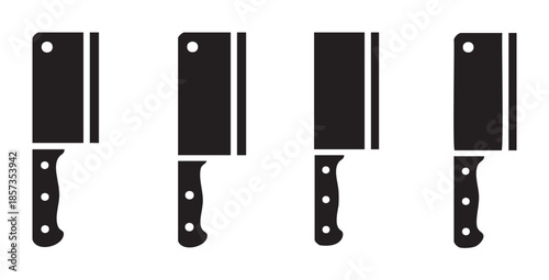 Four black meat cleavers are displayed in a row, showcasing essential kitchen tools for professional chefs and home cooks alike, perfect for various culinary tasks.