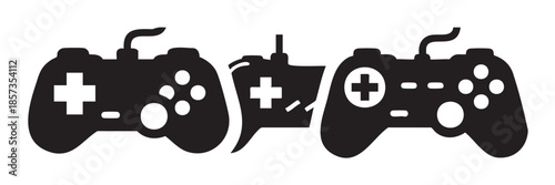 Three video game controllers are depicted in a stylized black and white illustration, symbolizing connection, communication, and the immersive world of digital entertainment.