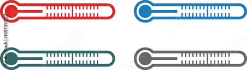 Horizontal Medical Thermometer Icon Set Featuring Red Blue Teal and Gray Temperature Measurement Symbols for Healthcare and Clinical Design Vector