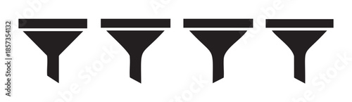 Four black funnel filter icons representing data organization, sorting, and refinement processes are displayed in a clean, minimalist design.