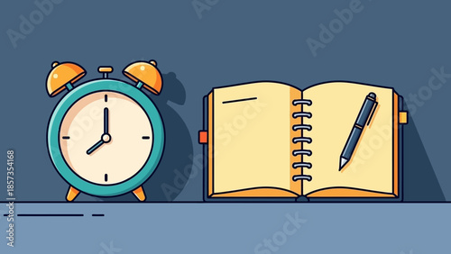 Classic Alarm Clock and Open Notebook on Desk for Focused Study.