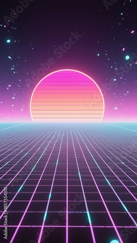 Vibrant Sunset on a Neon Grid Landscape With Retro Aesthetic Vibes