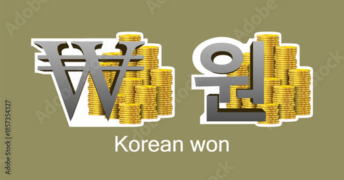 Vector 3D set of economic icons. Stacks of gold coins. Currency symbols of korean won. Collection golden stickers. Korea. Isolated background