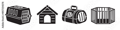 Various pet housing and travel accessories are depicted in a collection of black and white vector icons, illustrating different options for animal care.