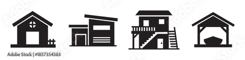 Four distinct house building architecture icons showcasing a diverse collection of residential structures, from traditional to modern and unique shelters.