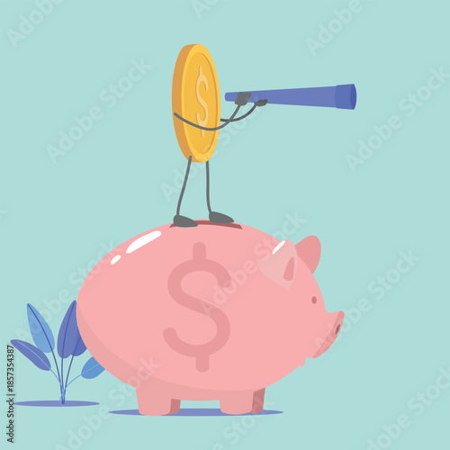 Piggy bank, gold dollar coin, telescope, financial planning, economic growth, investment choices. Business plan, global economy, profitable investment, financial security, deposit