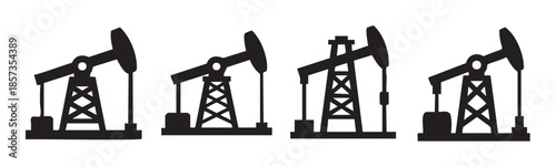 Four black oil pumpjacks represent the petroleum industry and energy production, symbolizing fossil fuels and global economic reliance.