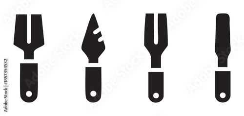 Four black silhouette cheese tools and utensils are neatly arranged in a row, representing various implements for serving and enjoying cheese.