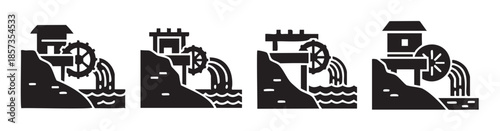 Watermill icons set featuring traditional buildings and rotating water wheels, illustrating historical power generation and sustainable energy concepts.