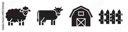 Sheep, cow, barn, and fence icons represent essential elements of rural farm life and agriculture, perfect for various design projects.