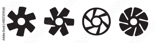 Four fan blades icons in various designs representing cooling, ventilation, and air circulation technology for industrial and home appliances.