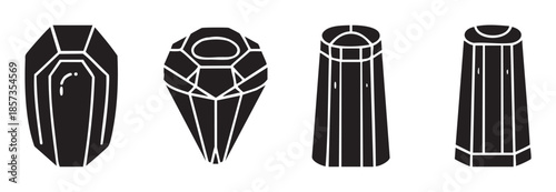 Four distinct crystal and gemstone shapes are presented as elegant black and white vector icons, illustrating various facets and forms of precious minerals.
