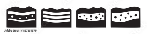 Layered abstract diagrams illustrating various internal structures and compositions with wavy lines and dots, representing different textures or geological strata.