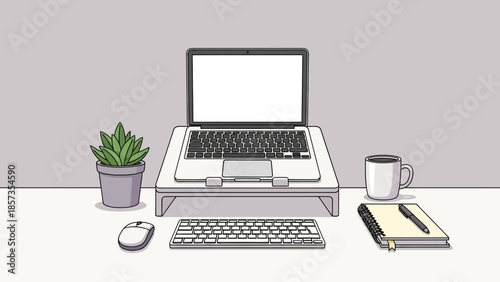 Modern Desk Setup with Laptop Tablet Notebook and Plants in Minimal Office Style.